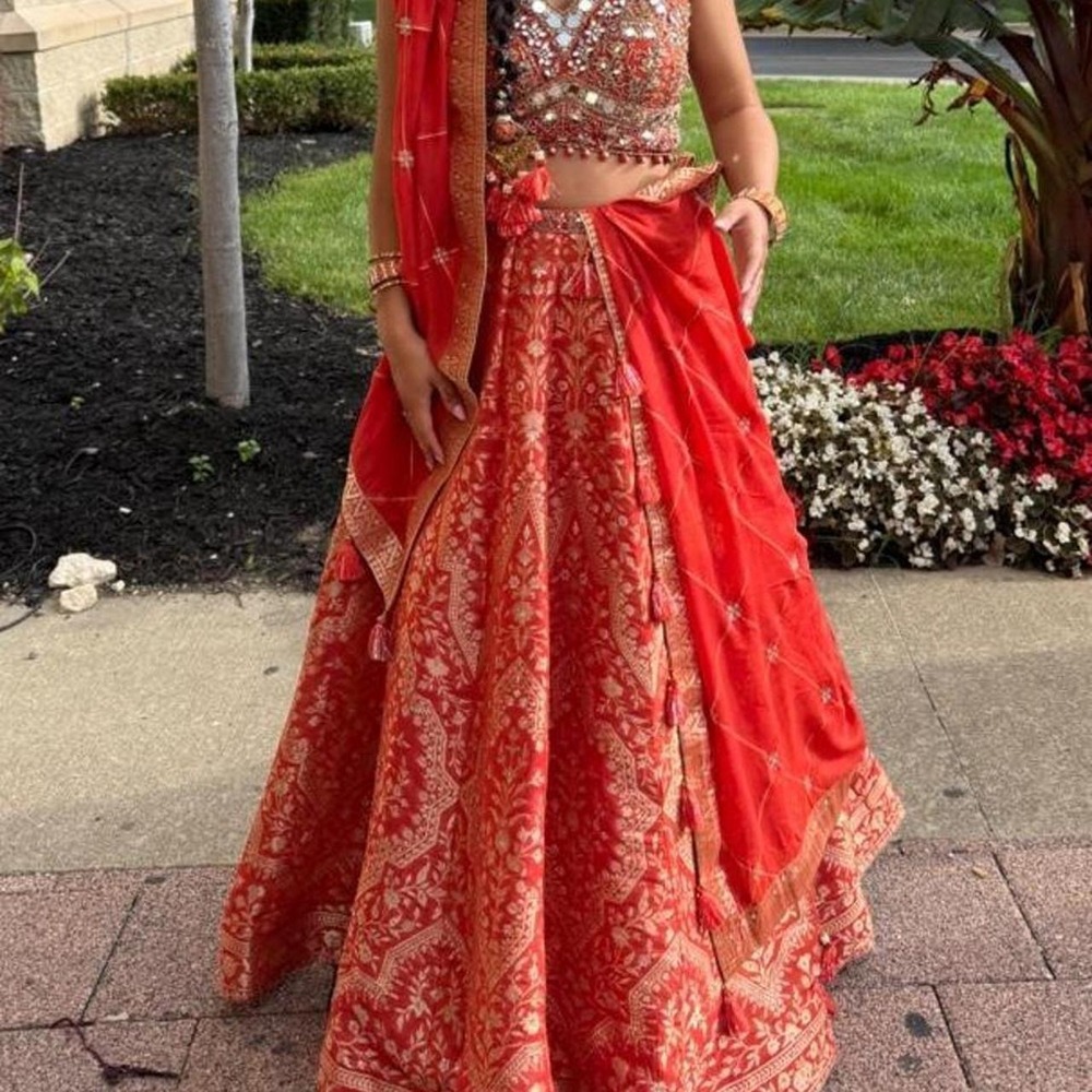 Orange & Gold Heavy Brocade Indian Bridal Lehenga with Mirrored Blouse